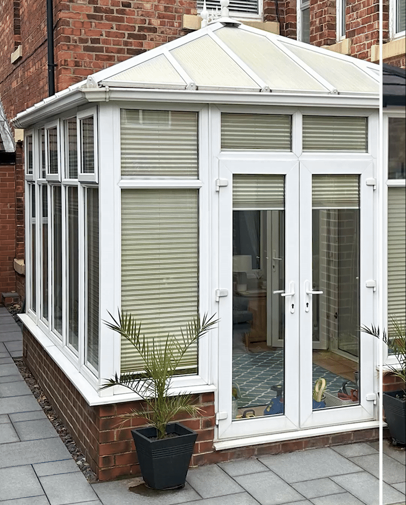 A slideshow of a conservatory transformation. The Before shows a white uPVC conservatory with an inefficient glazed roof. The After conservatory transformation shows a beautiful new conservatory roof installation, featuring an insulating tiled conservatory roof and window blinds to keep the conservatory cool. 