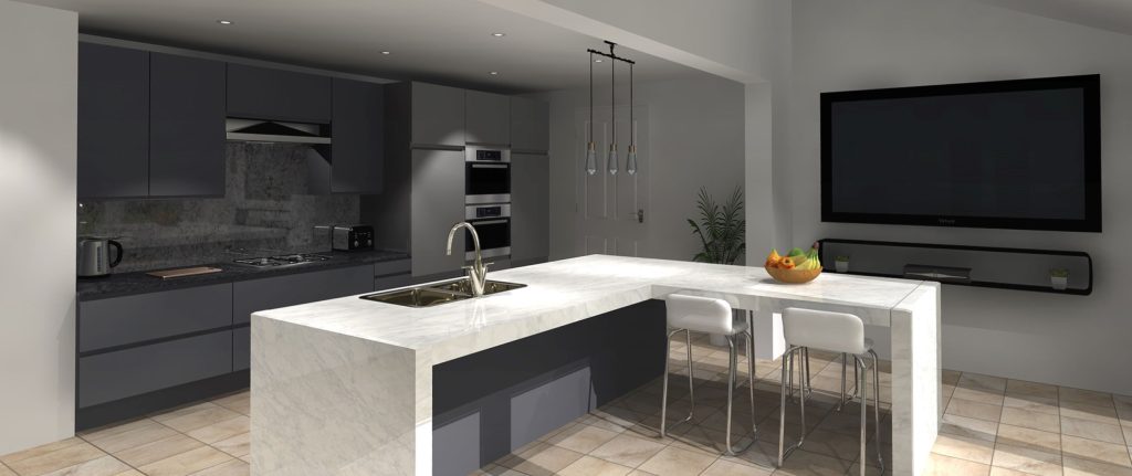 view of a kitchen area through virtual reality