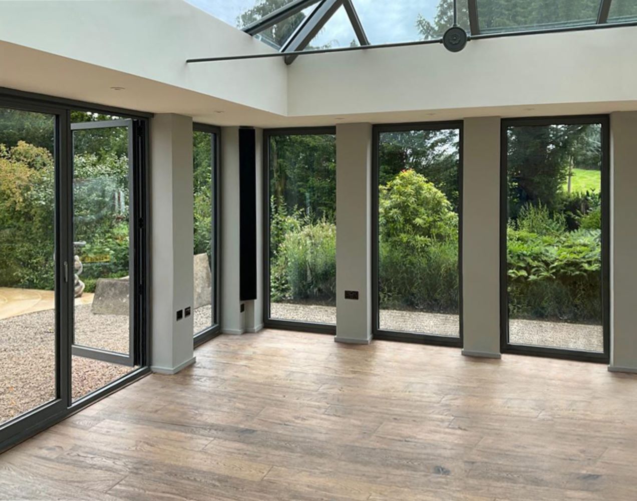 inside of newly-installed conservatory with french doors